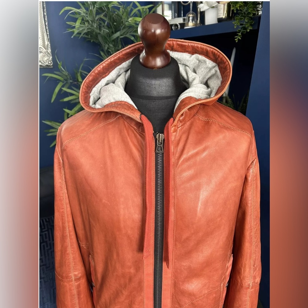 Hugo Boss Hooded Soft Leather Jacket Sheepskin Rusty Red Orange medium